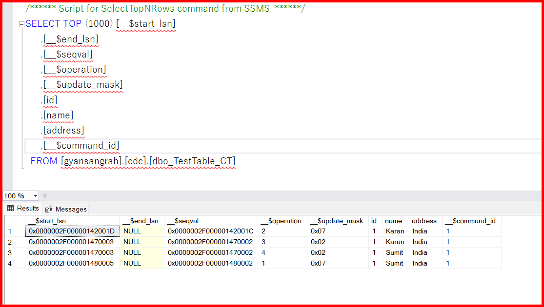 Picture showing the table data in CDC tables once CRUD operation is performed on TestTable